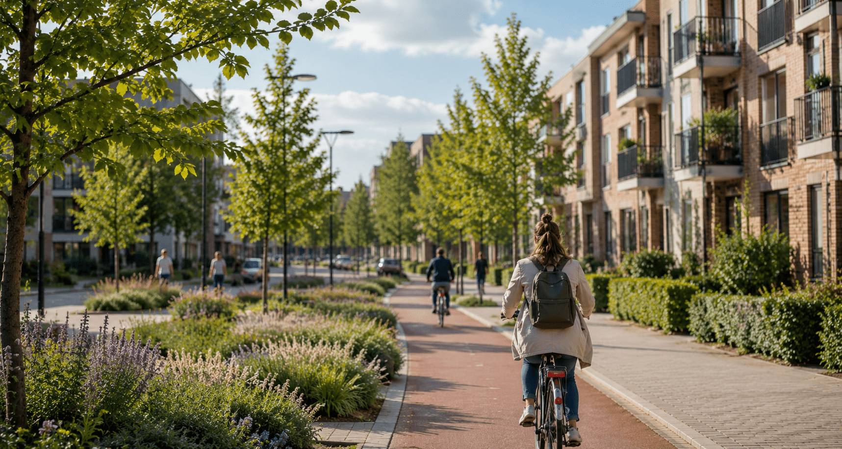 Headerafbeelding van een autoluwe woonwijk met fietsers, voetgangers, groen en moderne appartementen, met tekst over autoluwe wijken en passende parkeeroplossingen.